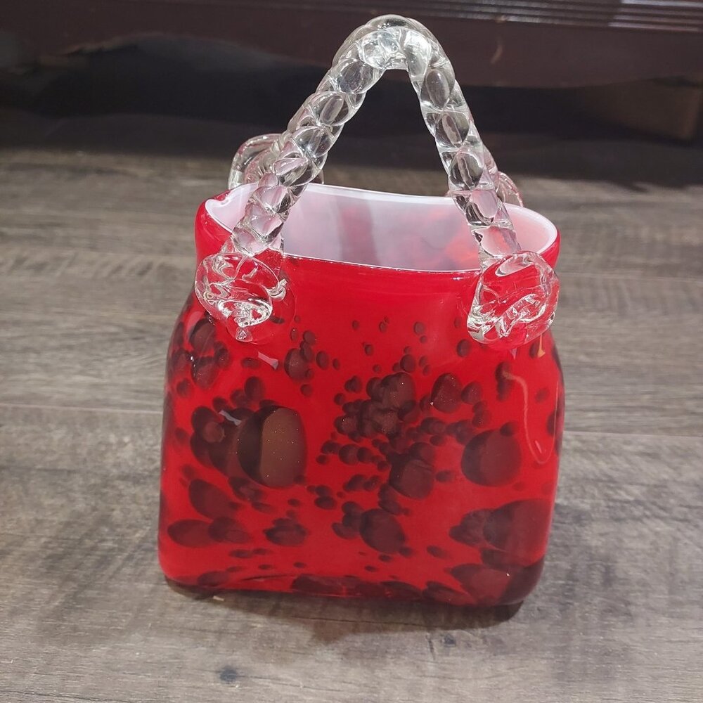 Purse Vase Hand Blown Red Glass Gold Fleck Cheetah Print